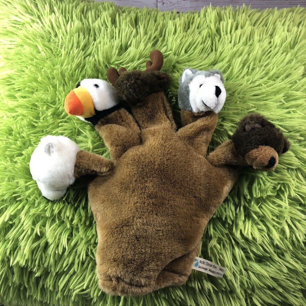 Arctic Circle Alaska Plush Finger Glove Hand Puppet Wolf Bear Moose Bear Puffin